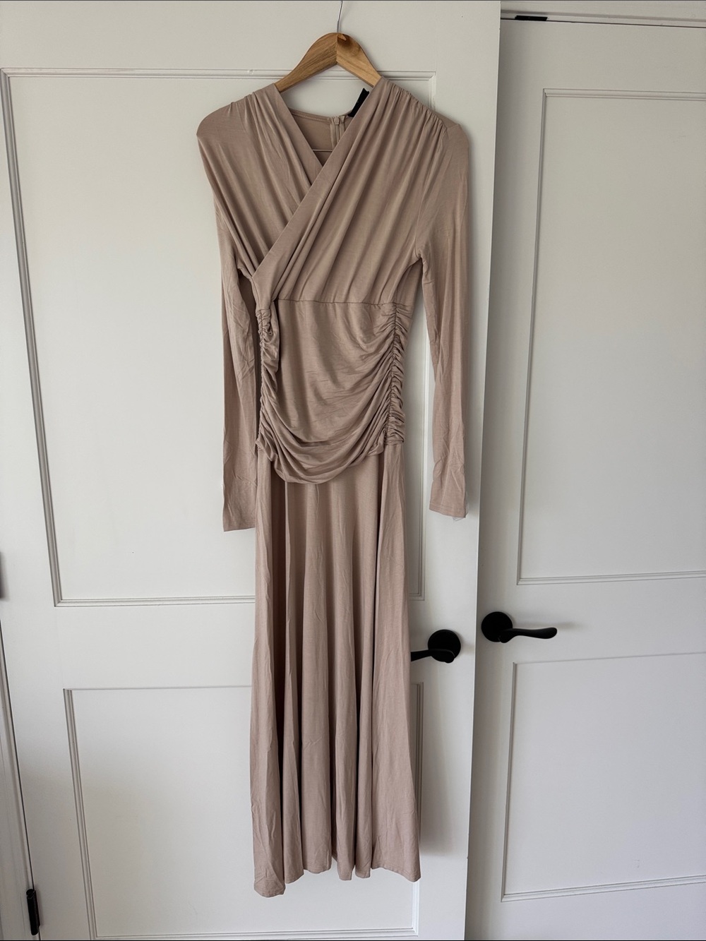 Ruched Wrap-Front Maxi Dress in Taupe